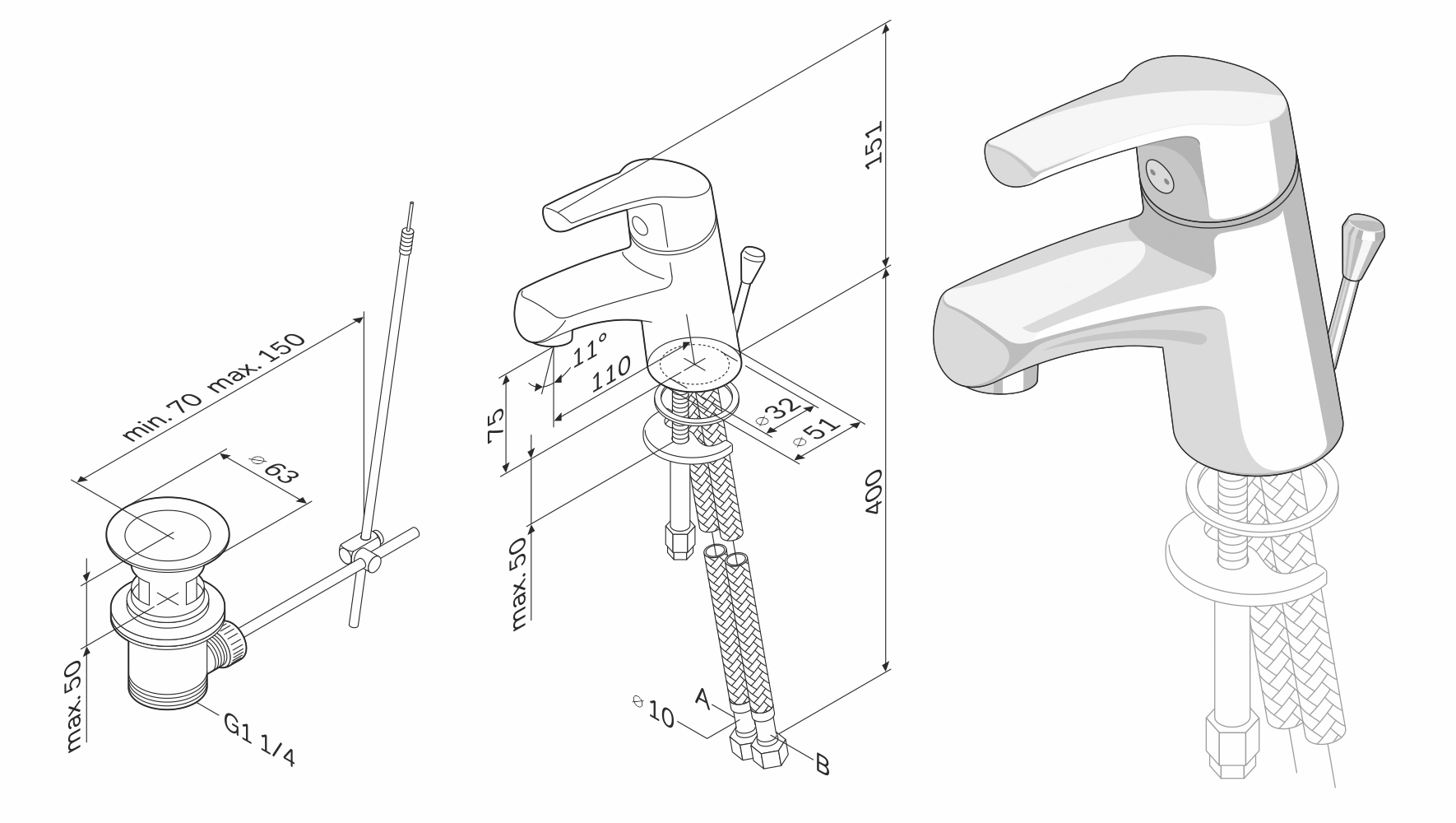 Bemaßung einer Armatur mit Abfluss