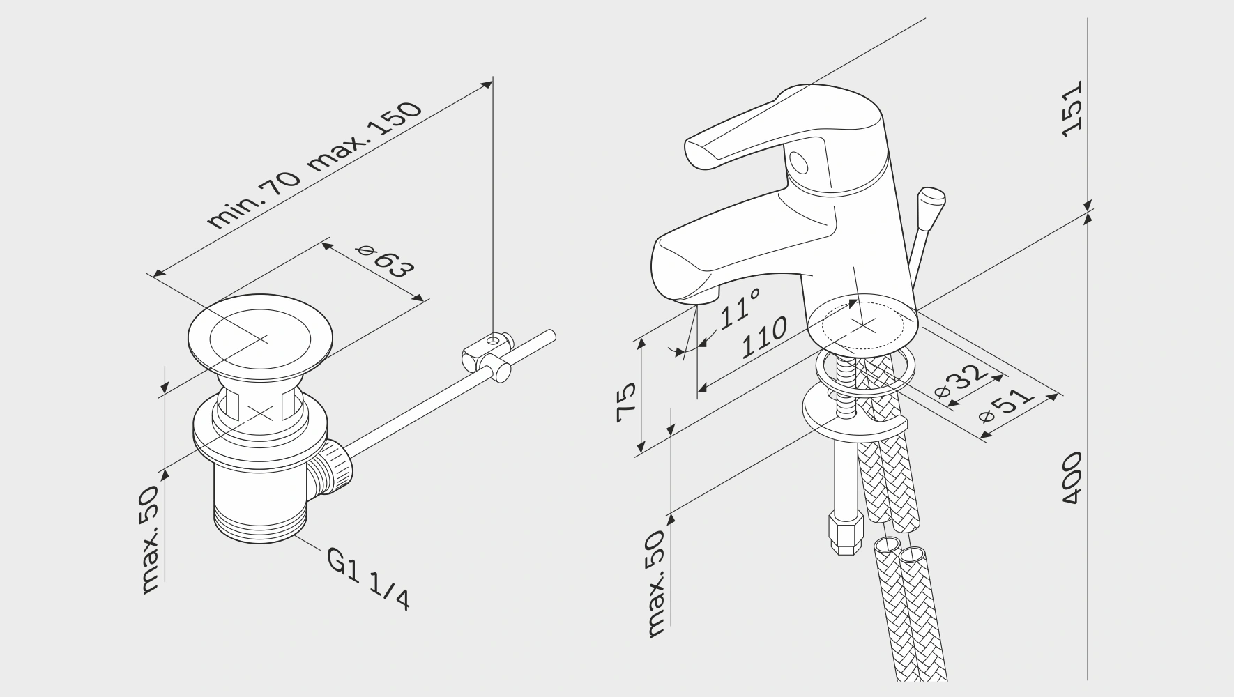 Bemaßung einer Armatur mit Abfluss